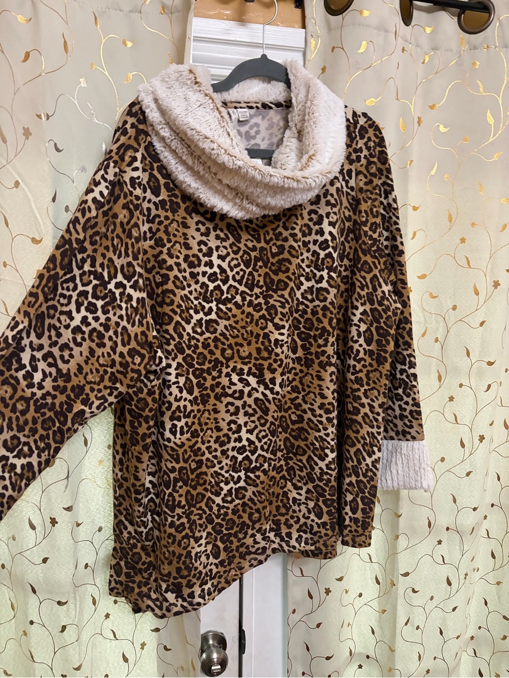 Cato Leopard Print Cowl Neck Sweater in Brown and Cream